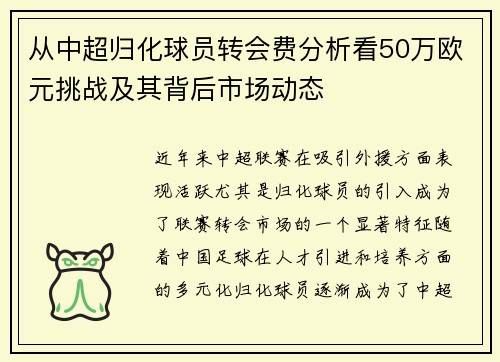 从中超归化球员转会费分析看50万欧元挑战及其背后市场动态